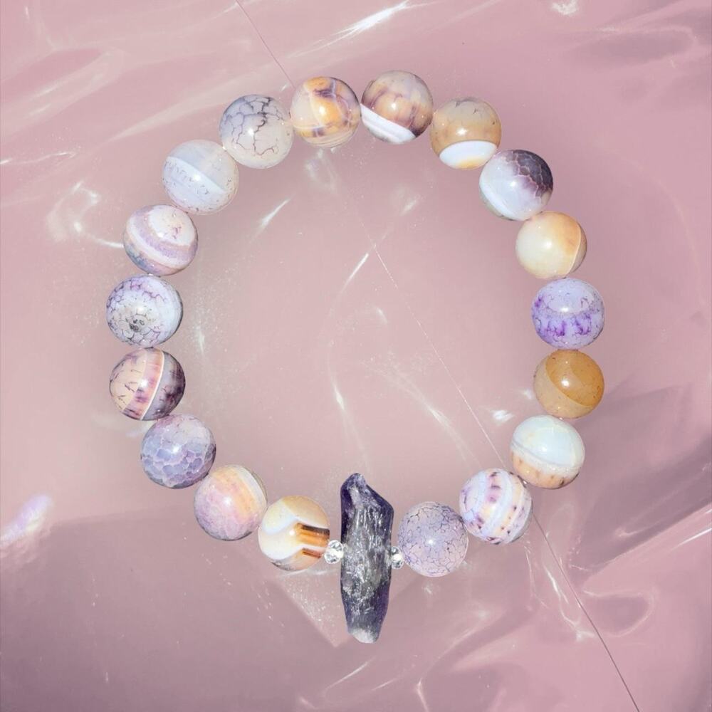 Y2K birthstone purple banded agate and amethyst beaded lucky bracelet